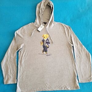 NWT Polo Bear Football Polo Ralph Lauren Gray Hooded Shirt Pullover Mens XL